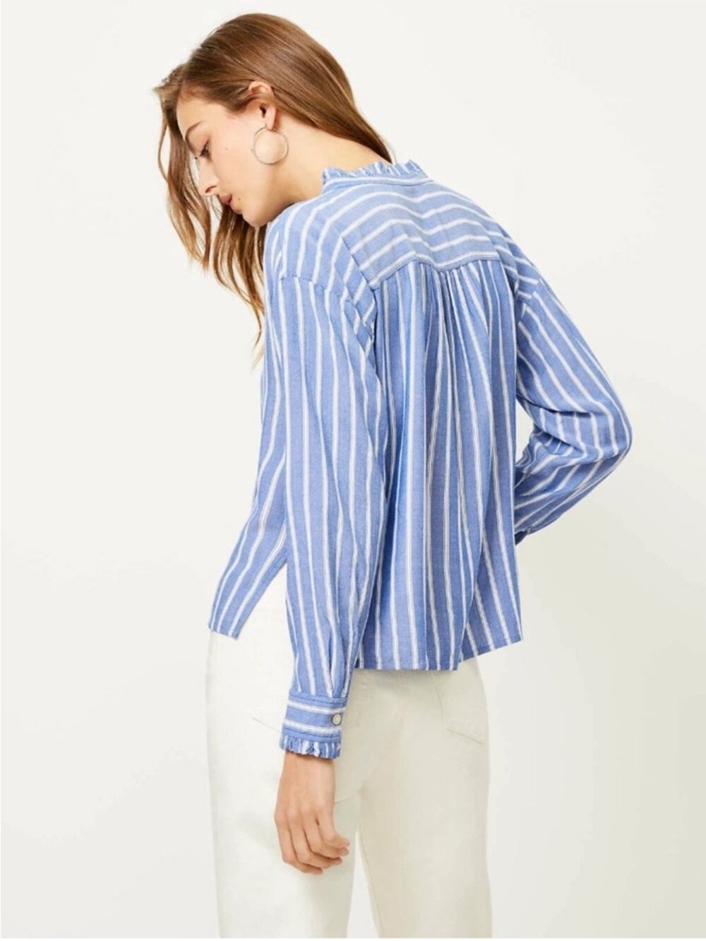 Loft blue and white stripe button down shirt with ruffled collar - Picture 3 of 8
